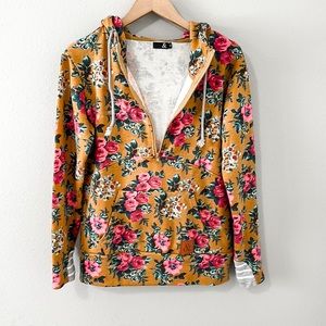 Ampersand Avenue Mustard/Orange/Floral Hooded Quarter Zip Sweatshirt Size Medium